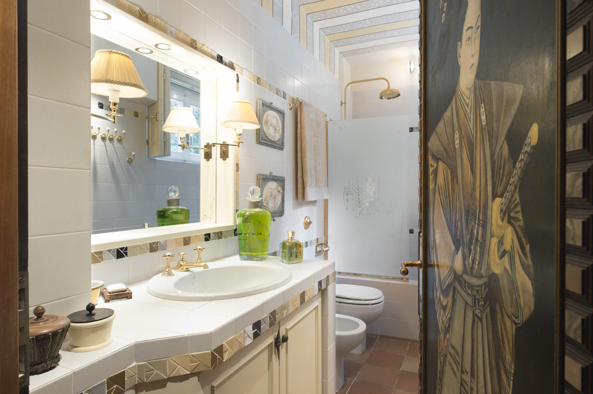 White bathroom with painted door figure